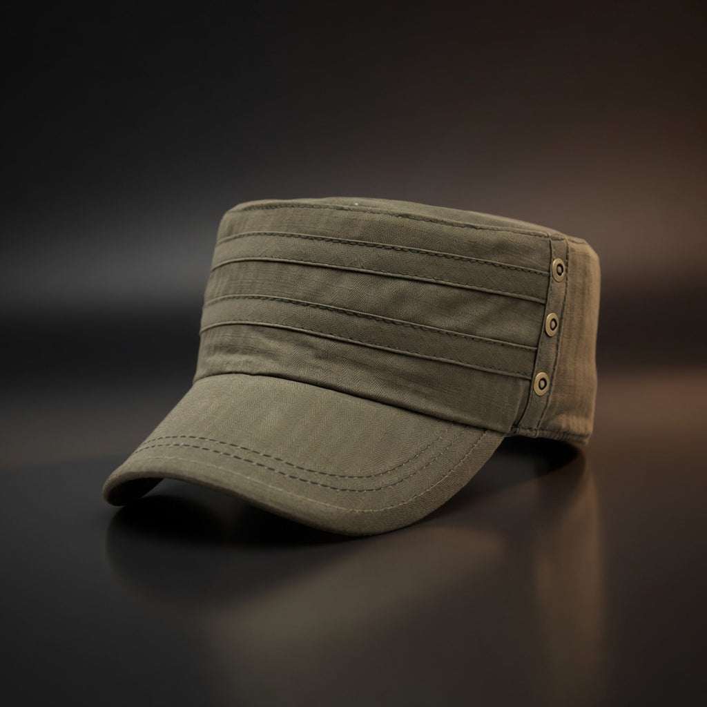 Green cap on a reflective surface with a dark background