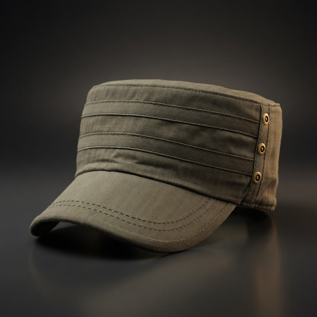 Green cap with button details on a dark background