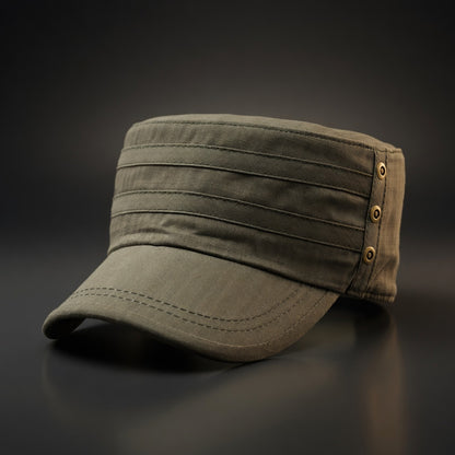 Green cap with button details on a dark background