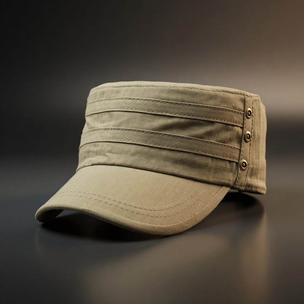 Beige cap on a reflective surface with a dark background